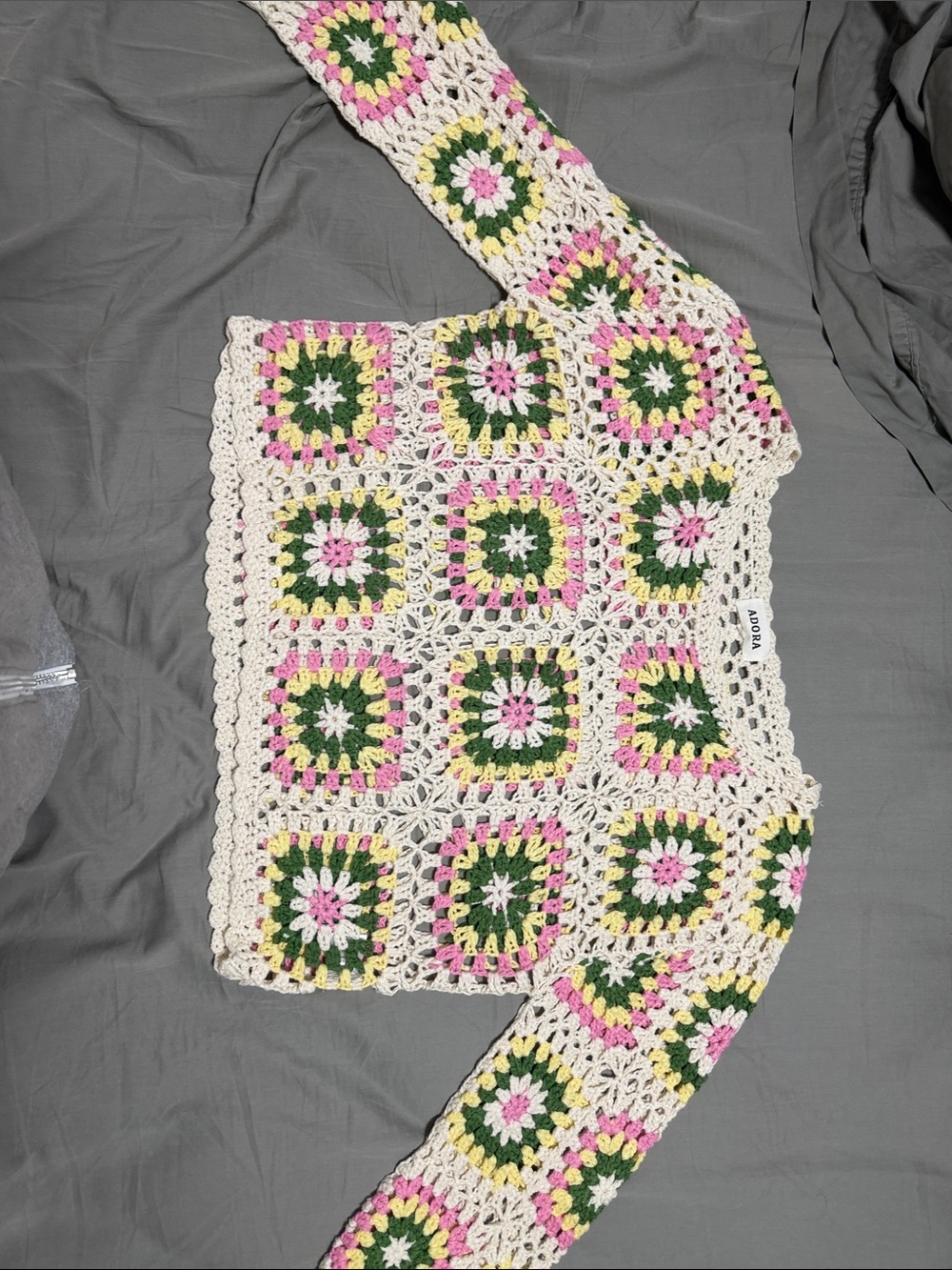 ADORA Cream Crochet Sweater with Pink & Green Squares